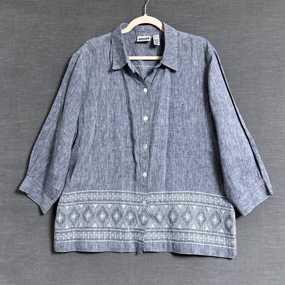 Chicos Top 3 L US 16 Linen‎ Beach Casual Nautical Coastal Embroidered Aztec